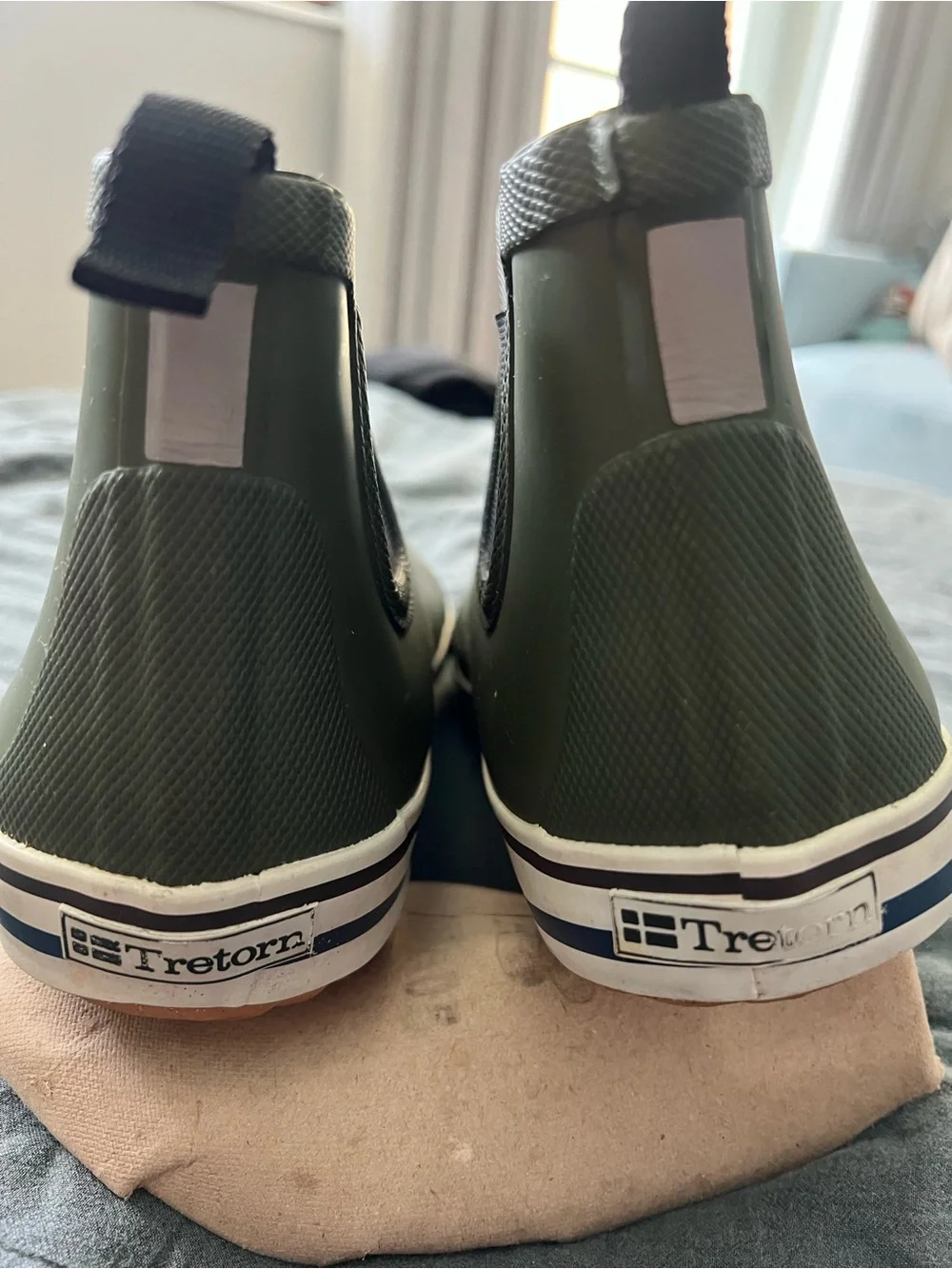Tretorn Olive Green Chelsea Rain Boots with Contrast Stripe Sole